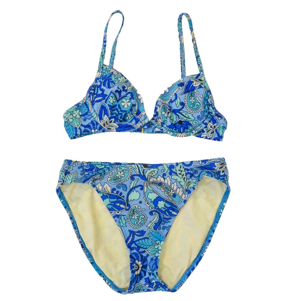 Victoria's Secret Blue Paisley Bikini High Rise Bottoms Padded Top Small 34A Y2k